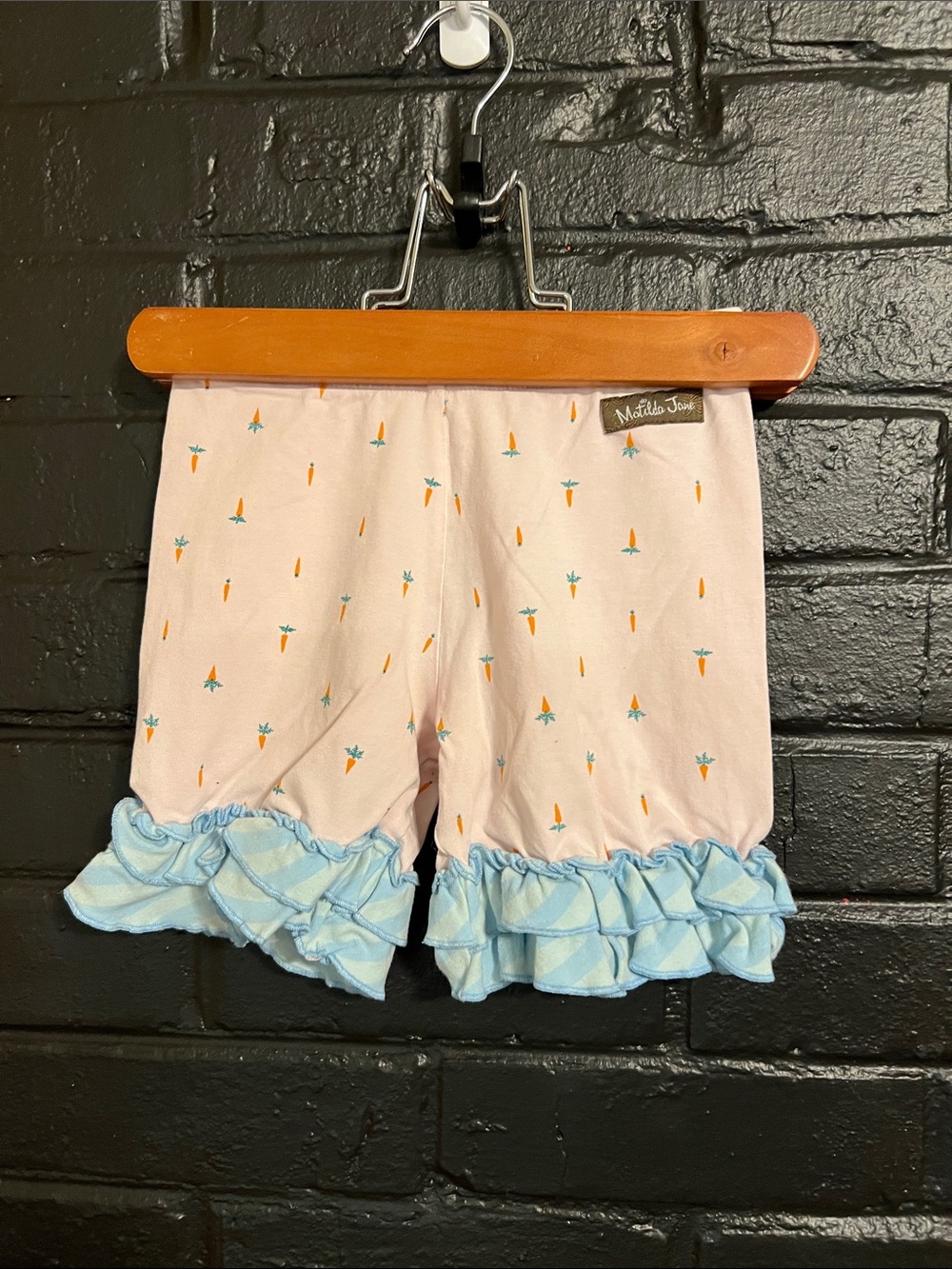 Matilda Jane Light Pink Shorts with Blue Ruffle and Carrot Print